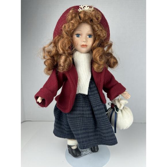 Vintage Porcelain Doll Winter Red Coat plaid dress 13" tall Collectors Choice - Picture 4 of 6